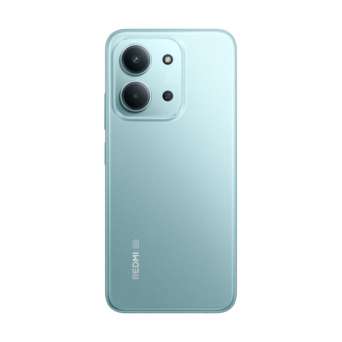 Retro di uno smartphone Redmi 5G azzurro con doppia fotocamera.