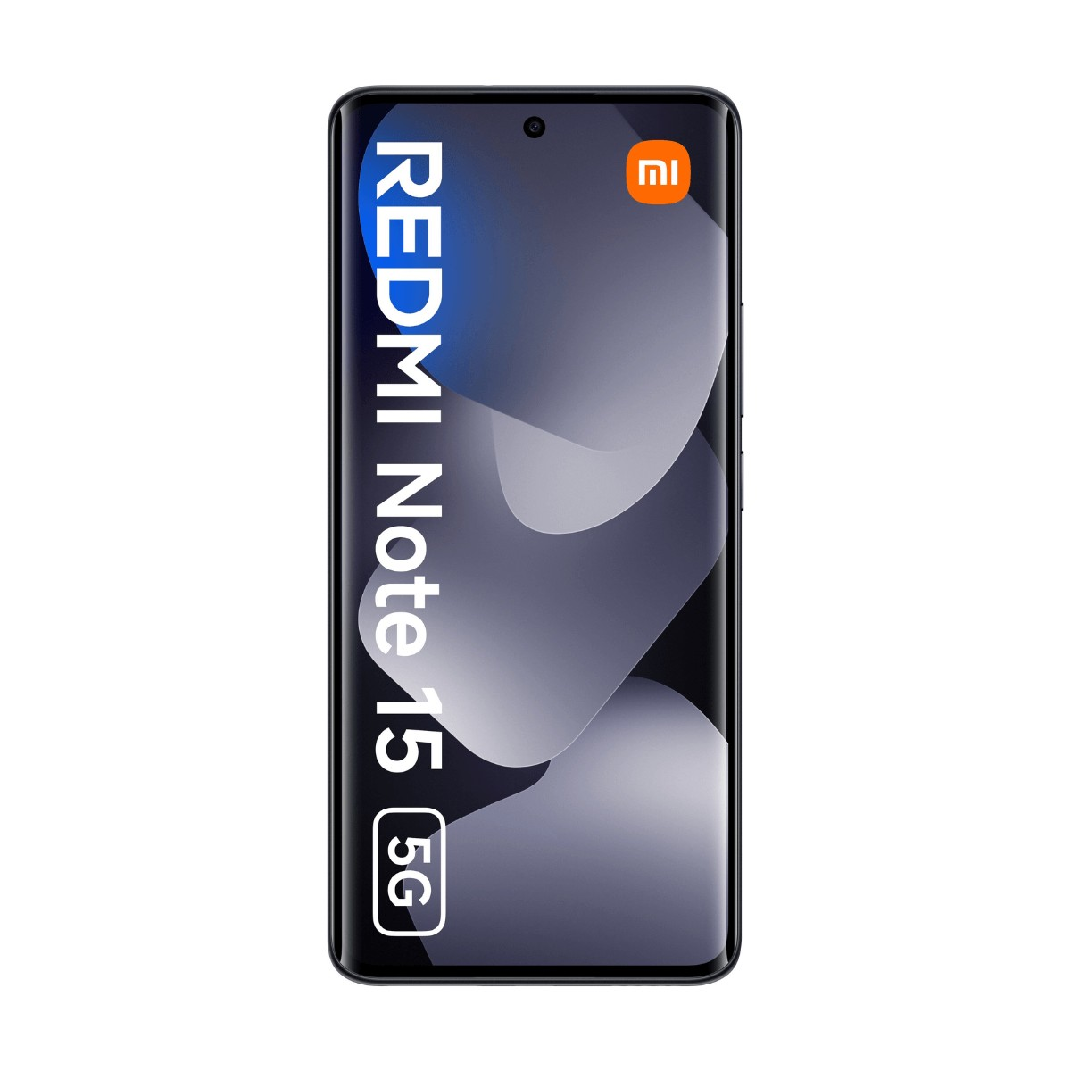 Vista frontale di uno smartphone nero Xiaomi Redmi Note 15 5G con testo e sfondo.