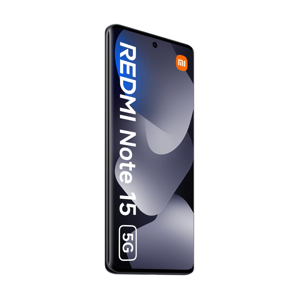 Smartphone nero Redmi Note 15 5G in vista angolata con testo bianco e logo Xiaomi.