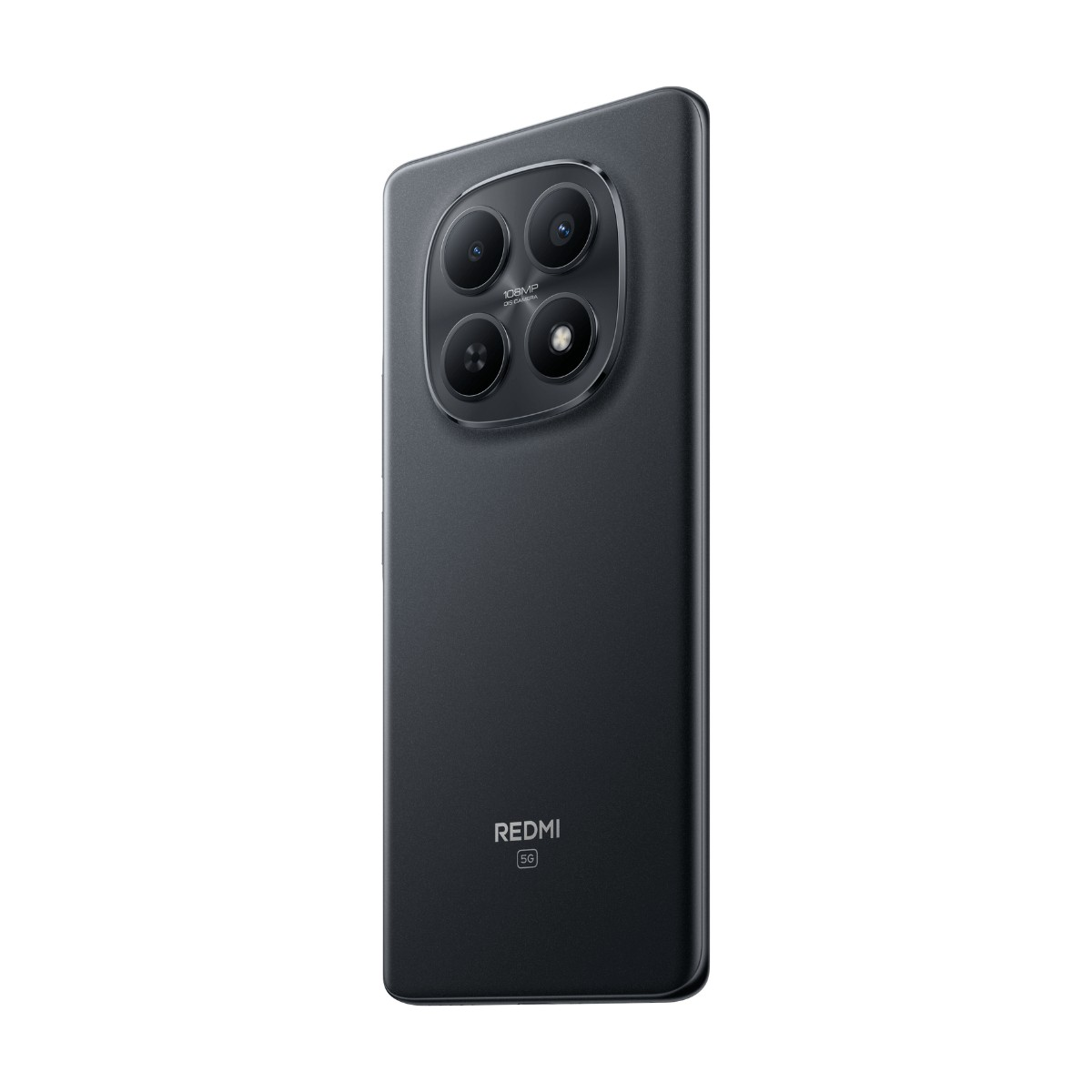 Retro di uno smartphone nero Redmi 5G con un modulo fotocamera quadrato in alto e logo in basso.