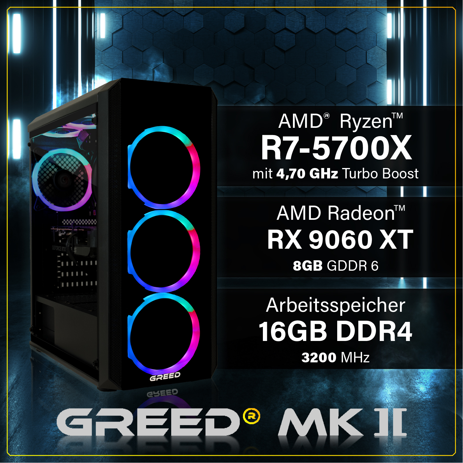 Gaming-PC-Tower mit RGB-Lüftern und Text, der technische Daten wie AMD Ryzen und Radeon vor blauem Hintergrund hervorhebt.