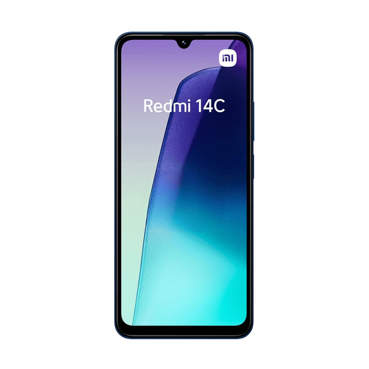 El smartphone Redmi 14C muestra un fondo de pantalla abstracto y colorido y el logotipo de Xiaomi.