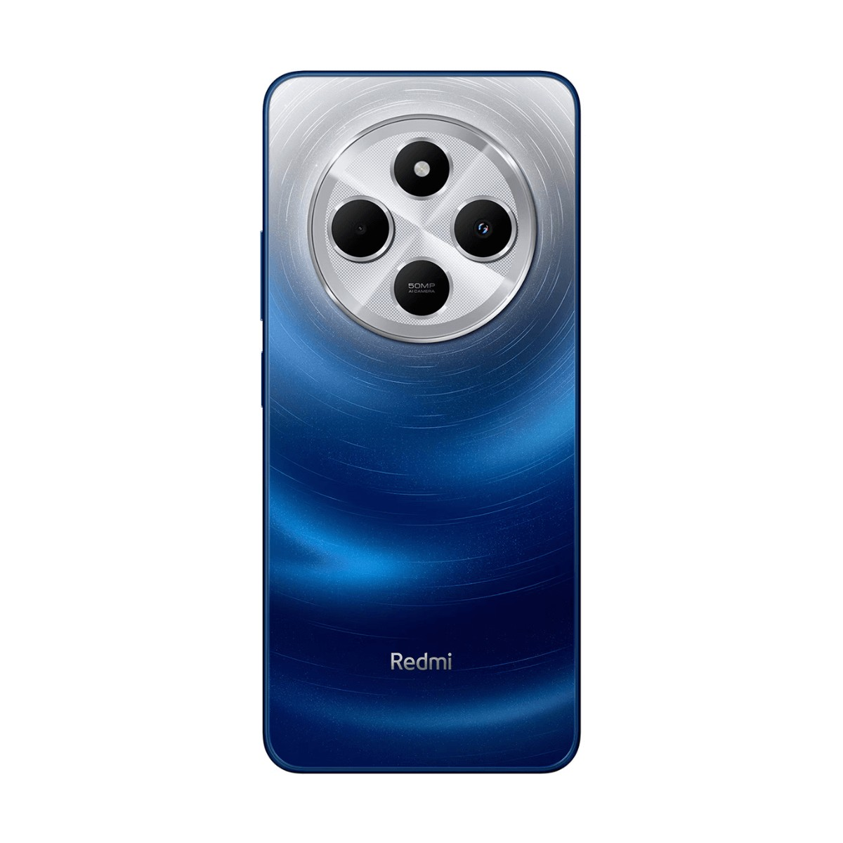 Parte trasera de un smartphone Redmi azul con un gran módulo de cámara circular.