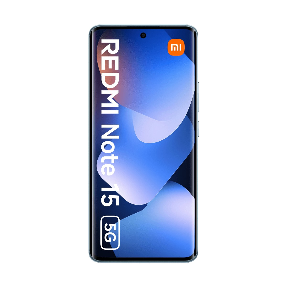 Smartphone Xiaomi Redmi Note 15 5G con sfondo blu e testo.