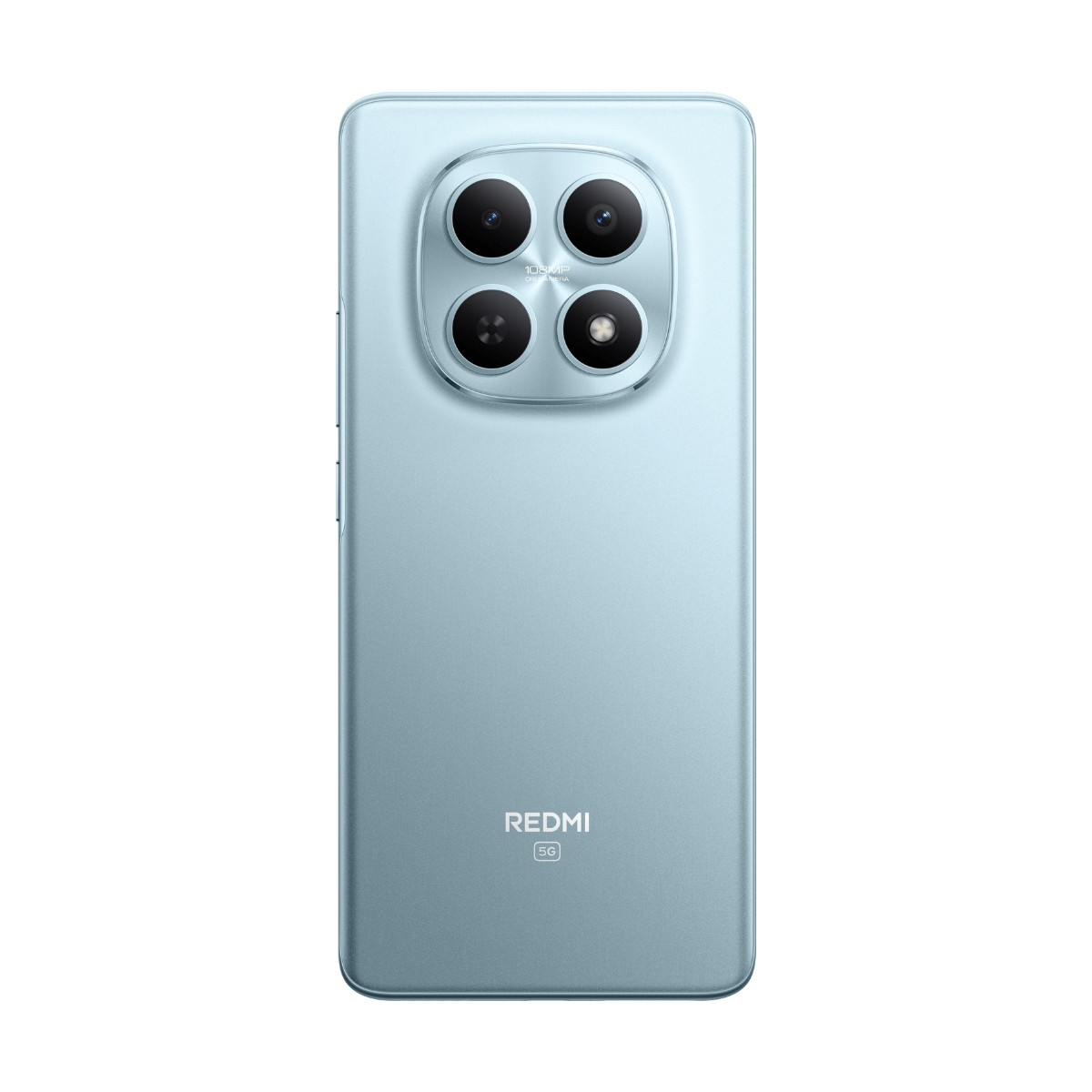 Retro di uno smartphone Redmi 5G azzurro con modulo a quattro fotocamere.