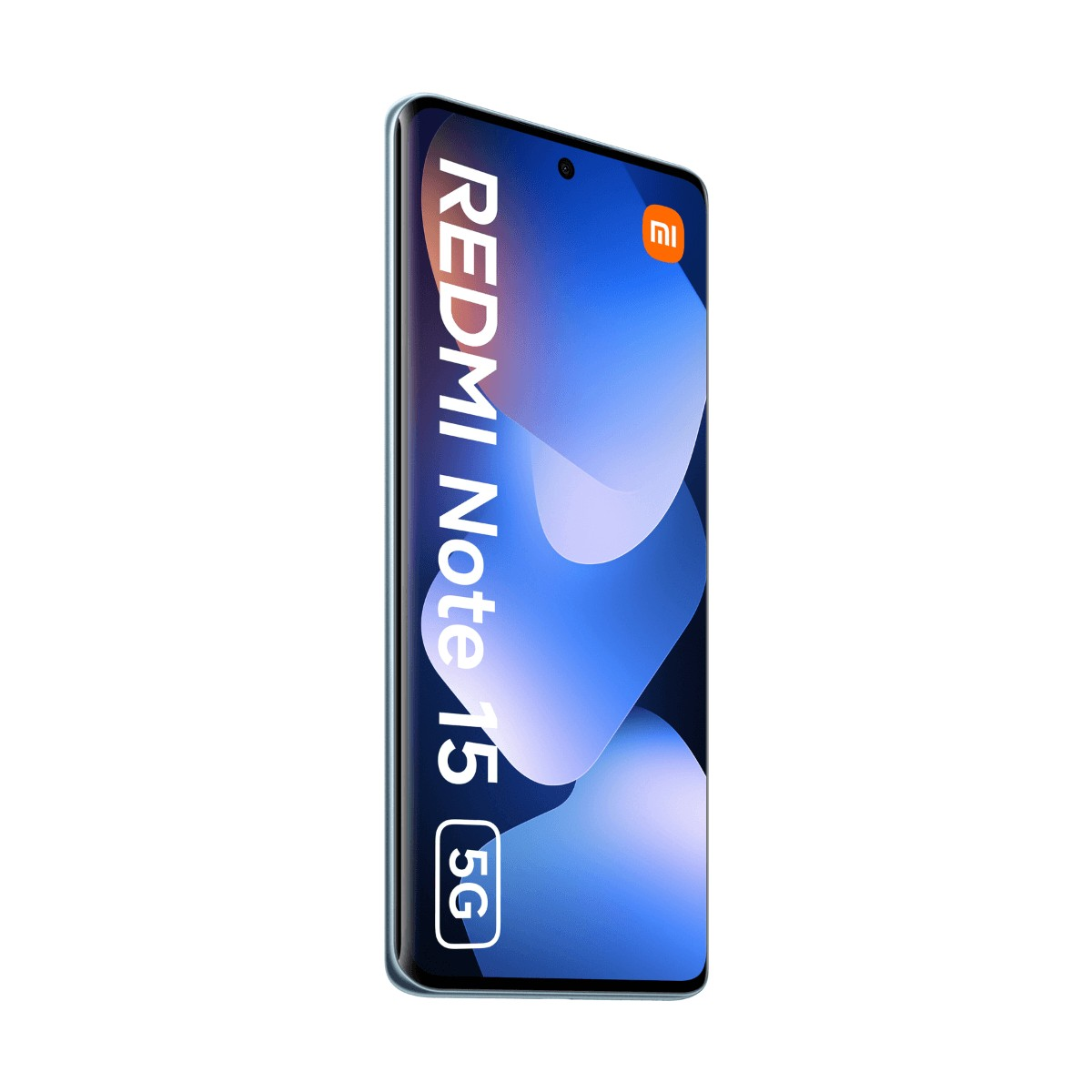 Smartphone Redmi Note 15 5G con sfondo blu, testo bianco e logo arancione.