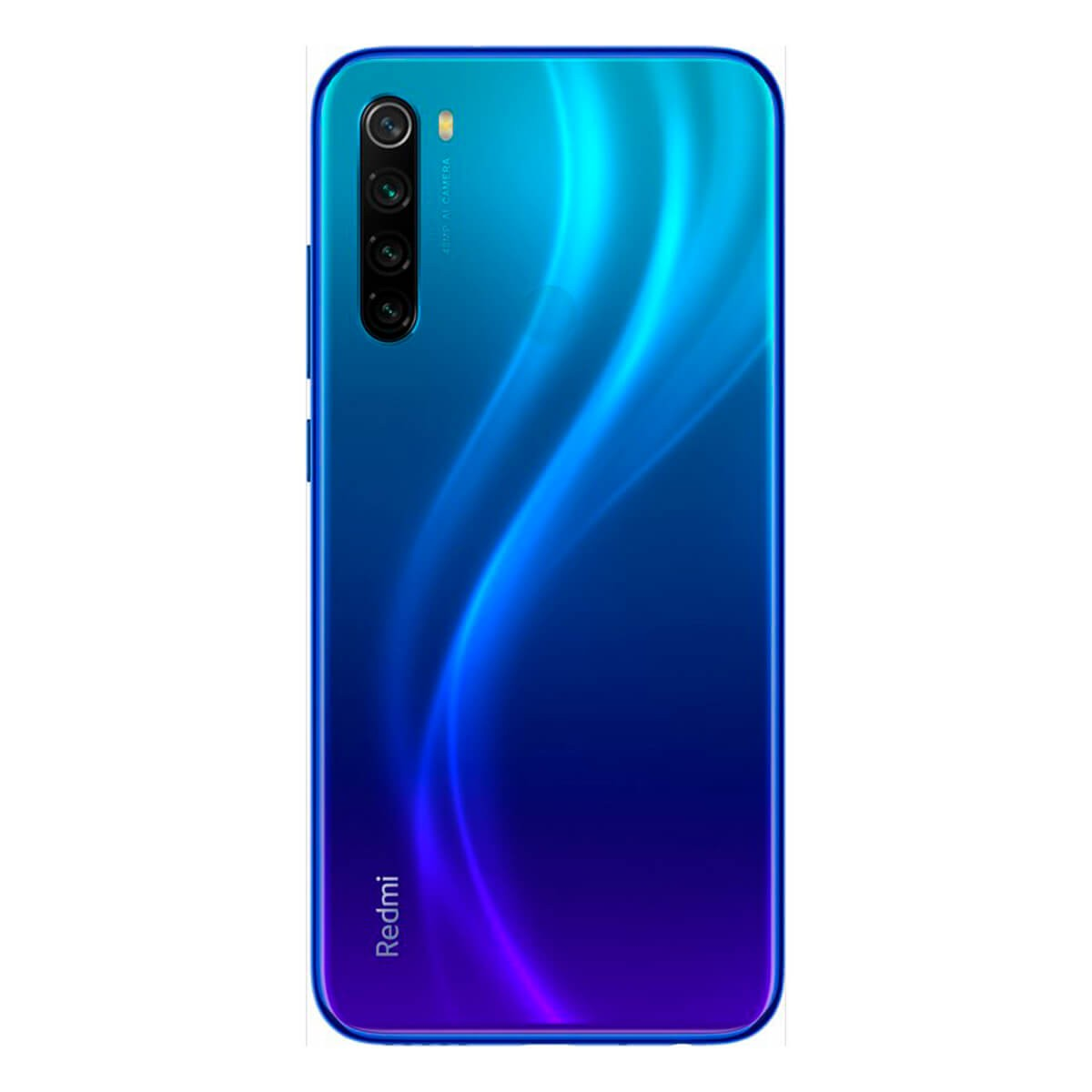 Retro di uno smartphone Redmi blu e viola con quattro fotocamere verticali.