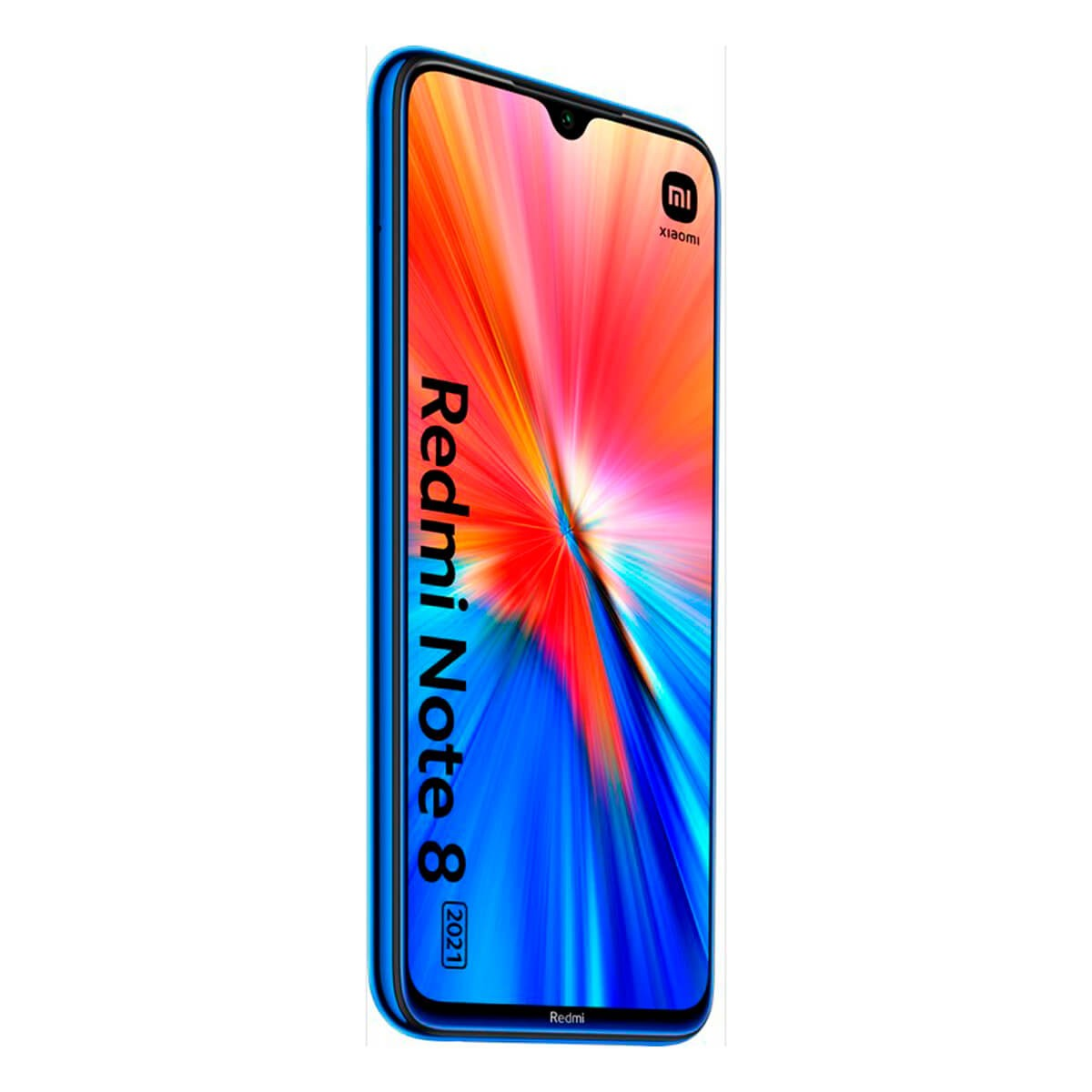 Uno smartphone blu Xiaomi Redmi Note 8 2021 mostra uno schermo colorato.