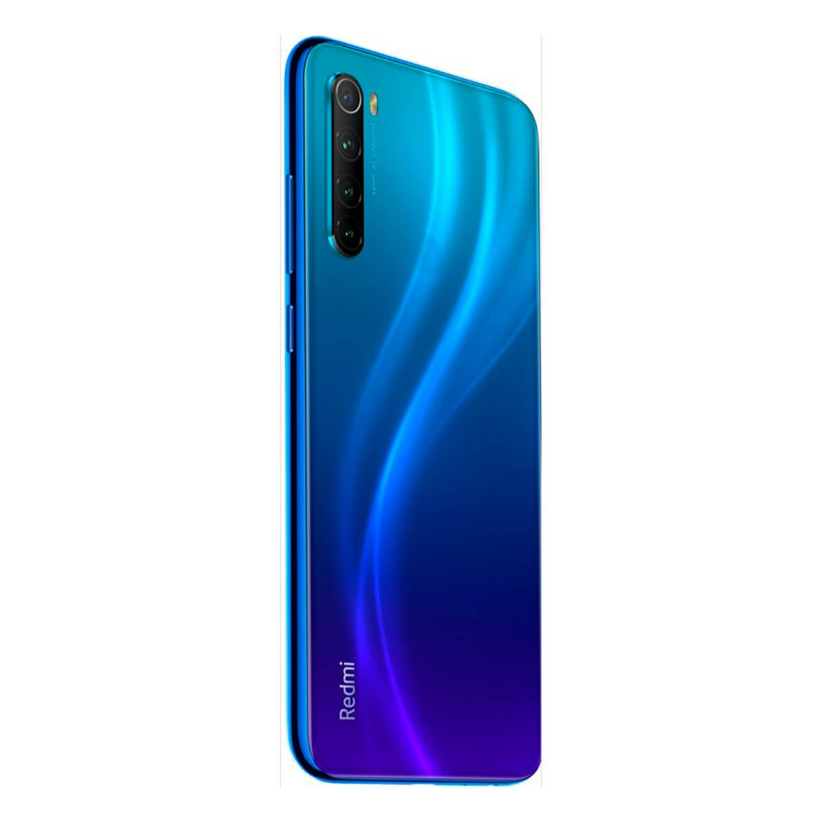 Retro di uno smartphone Redmi con sfumatura blu e viola e quattro fotocamere.