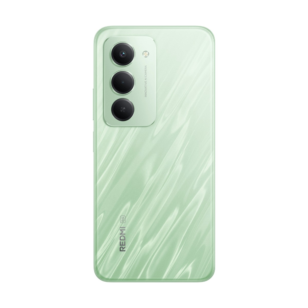 Retro di uno smartphone Redmi 5G verde chiaro con tripla fotocamera verticale e motivo ondulato.