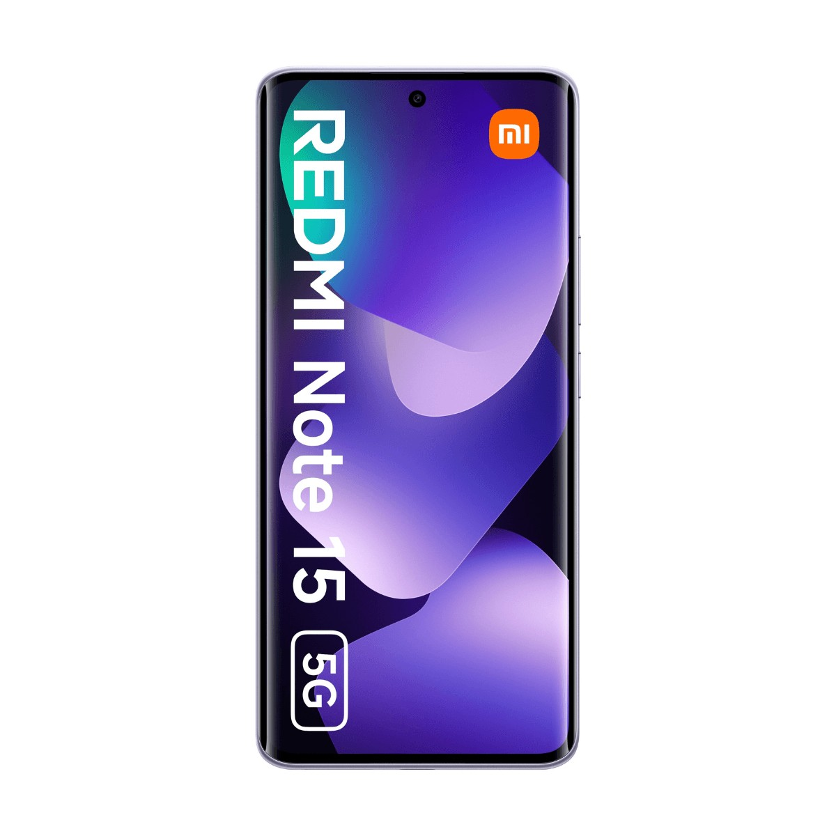 Uno smartphone Redmi Note 15 5G con sfondo astratto viola e logo Xiaomi sullo schermo.