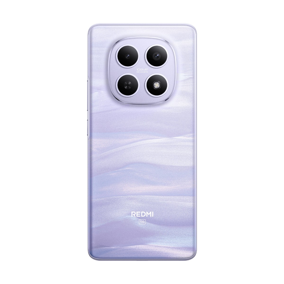 Retro di uno smartphone Redmi 5G viola chiaro con modulo fotocamera quadrato in alto.