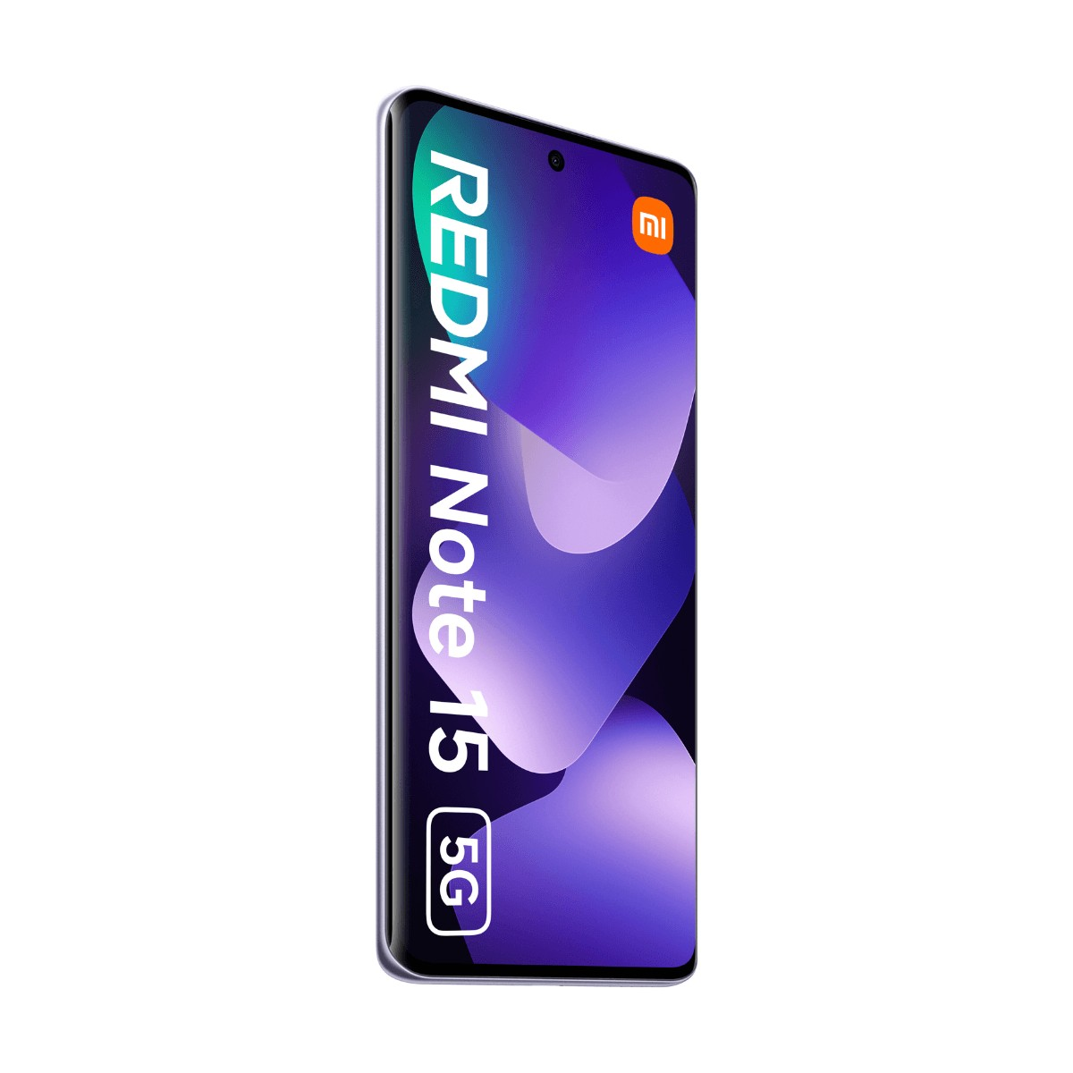 Vista frontale di uno smartphone viola Redmi Note 15 5G con sfondo viola e logo.