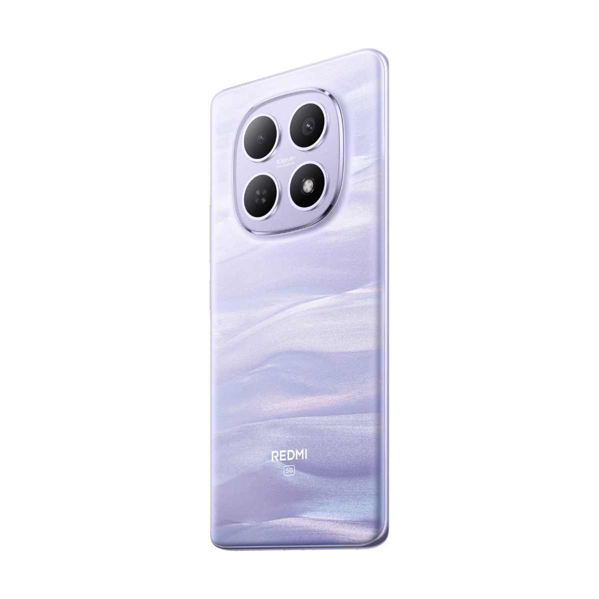 Il retro di uno smartphone Redmi 5G viola con quattro obiettivi fotografici in un modulo circolare.