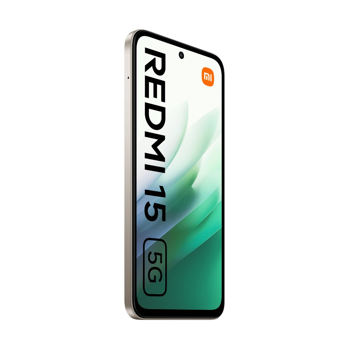 Uno smartphone Redmi 15 5G color oro inclinato a destra, con uno sfondo astratto verde e del testo sullo schermo.