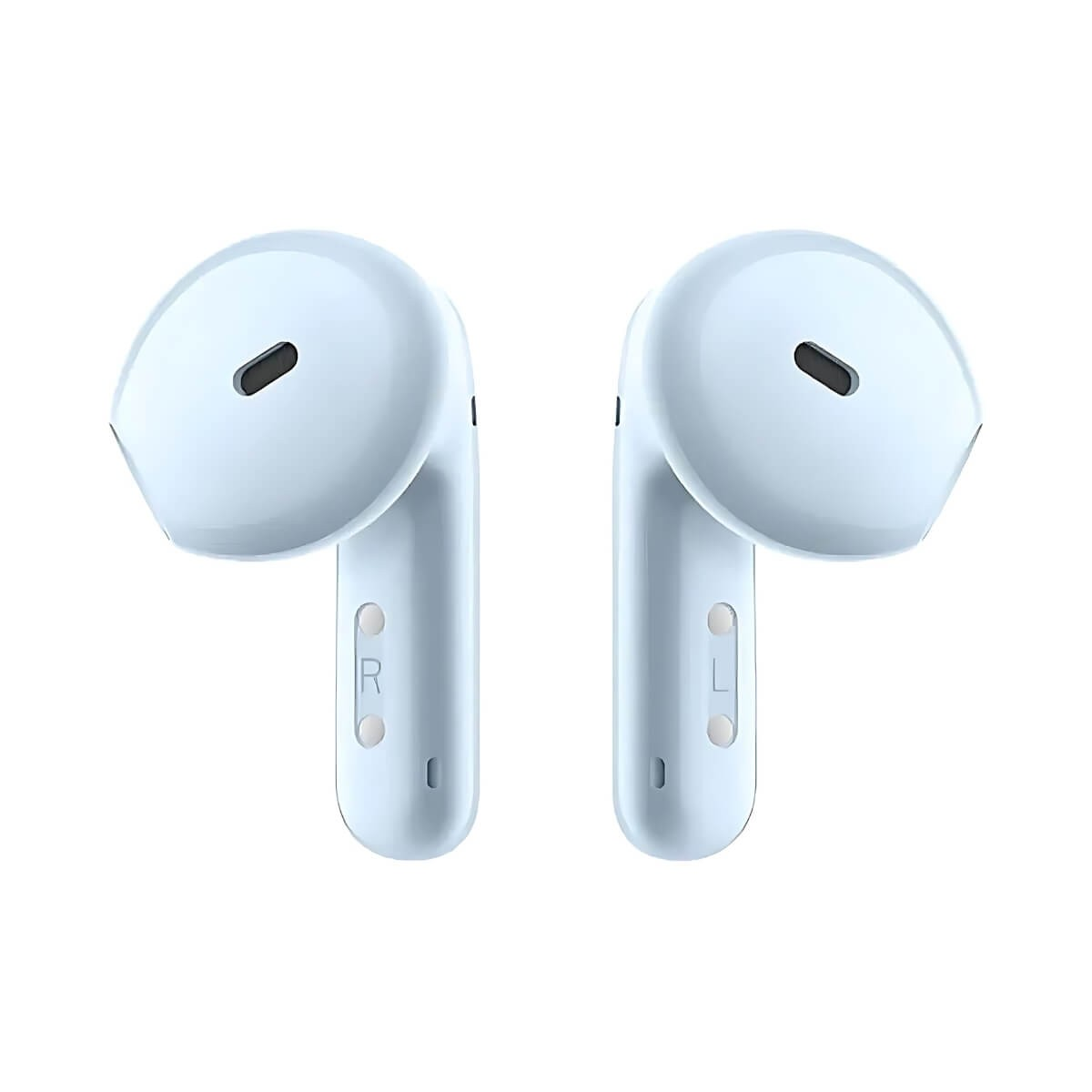 Un paio di auricolari wireless azzurri sono mostrati su uno sfondo bianco.