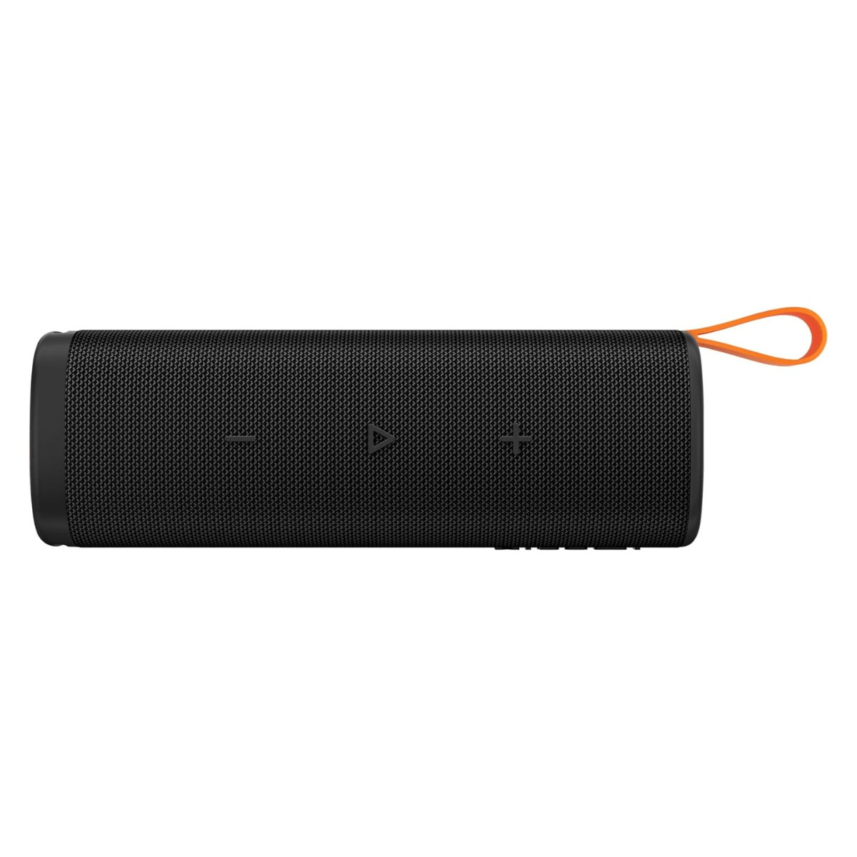 Ein zylindrischer schwarzer Bluetooth-Lautsprecher mit Kontrolltasten und einer orangefarbenen Schlaufe.