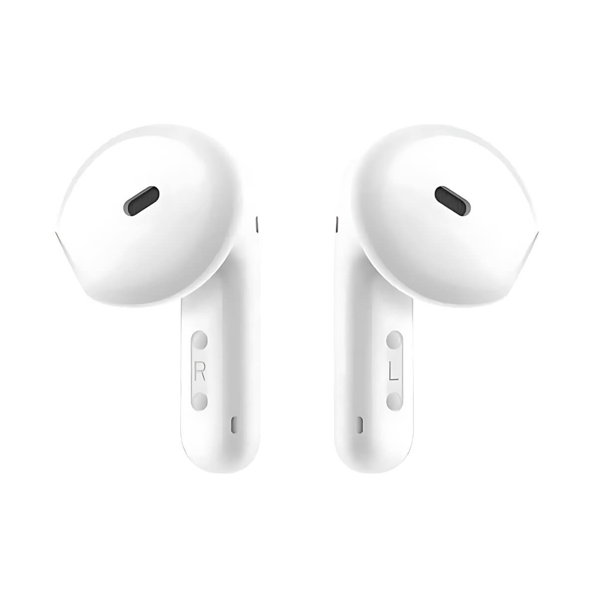 Un paio di auricolari wireless bianchi con controlli visibili e contrassegni L e R su sfondo bianco.