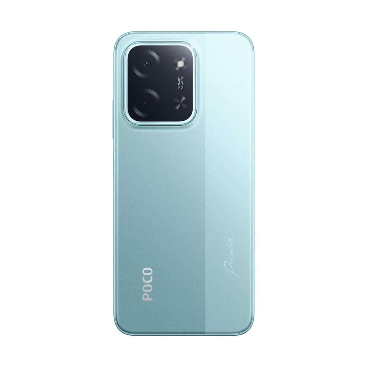 Retro di uno smartphone Poco azzurro con modulo fotocamera rettangolare e logo Poco.