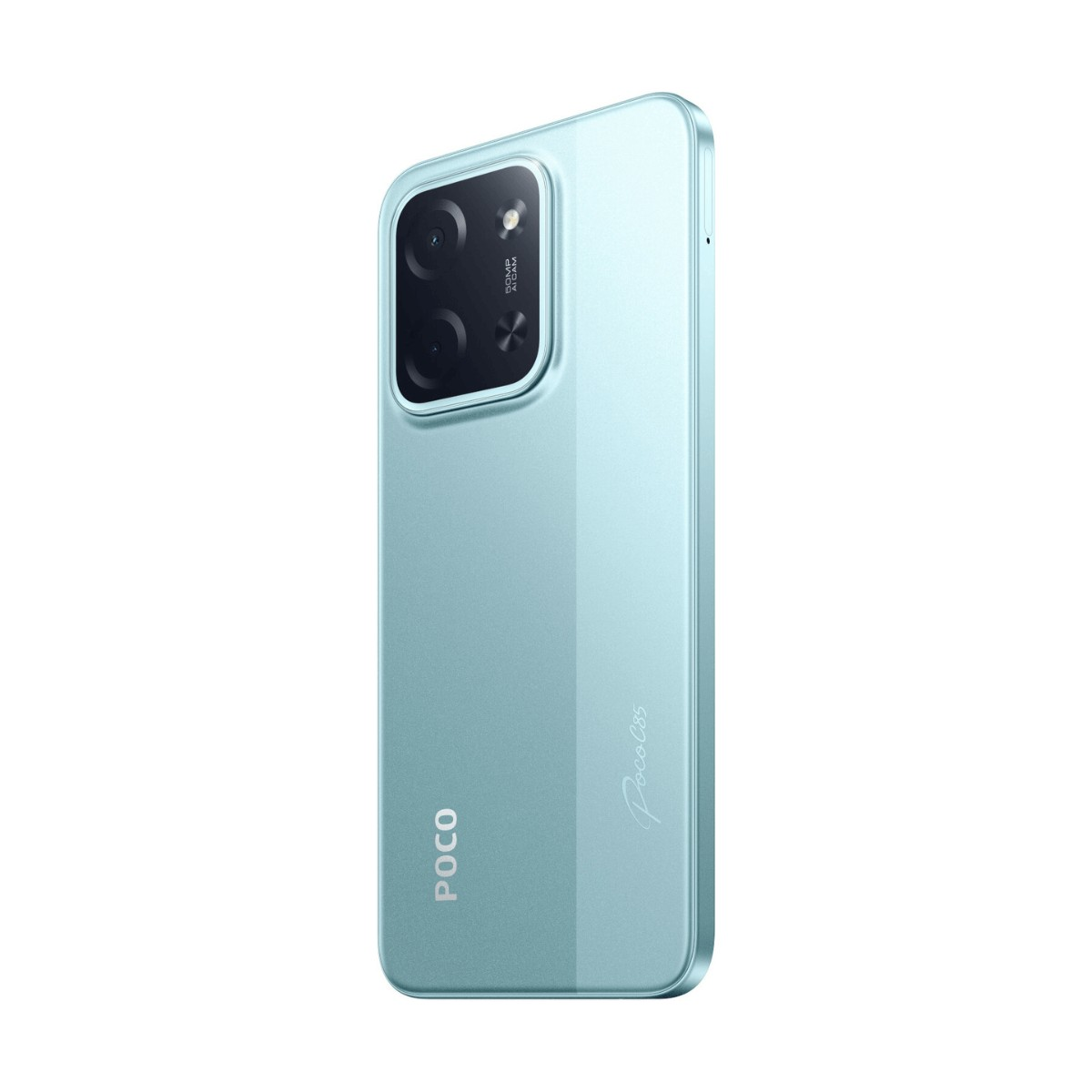 Uno smartphone POCO C65 azzurro visto dal retro, con doppia fotocamera e logo POCO.