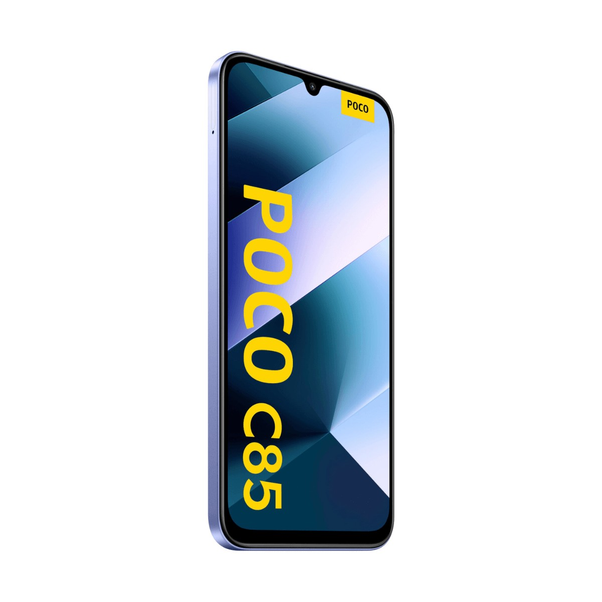 Uno smartphone blu Poco C85 con logo giallo sullo schermo su sfondo bianco.