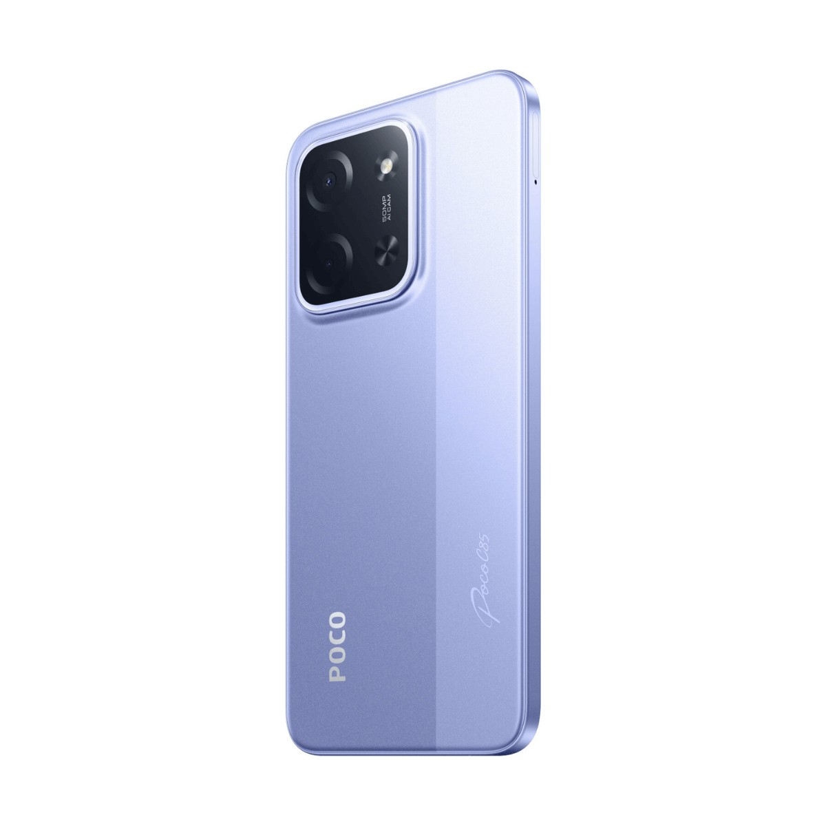 Retro di uno smartphone Poco C65 azzurro con modulo fotocamera rettangolare e logo.