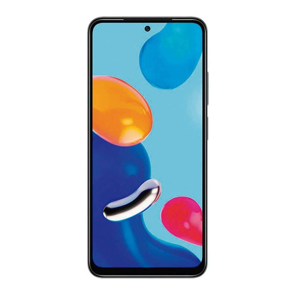 Uno smartphone nero che mostra uno schermo azzurro con forme astratte colorate.