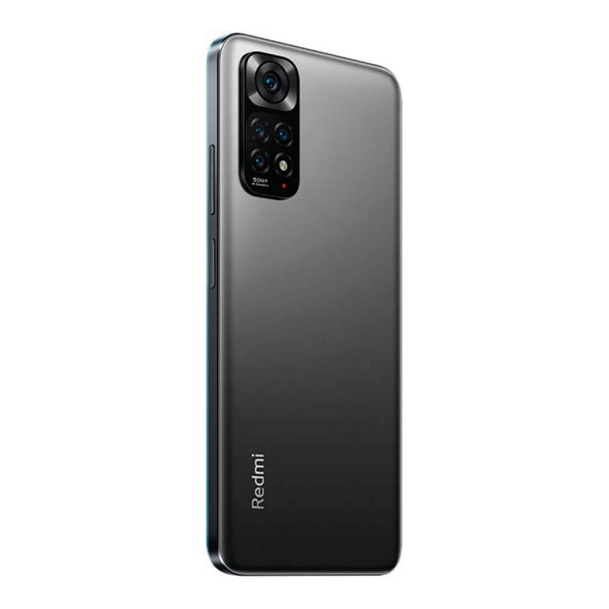 Retro di uno smartphone Redmi grigio con modulo a quattro fotocamere e logo.