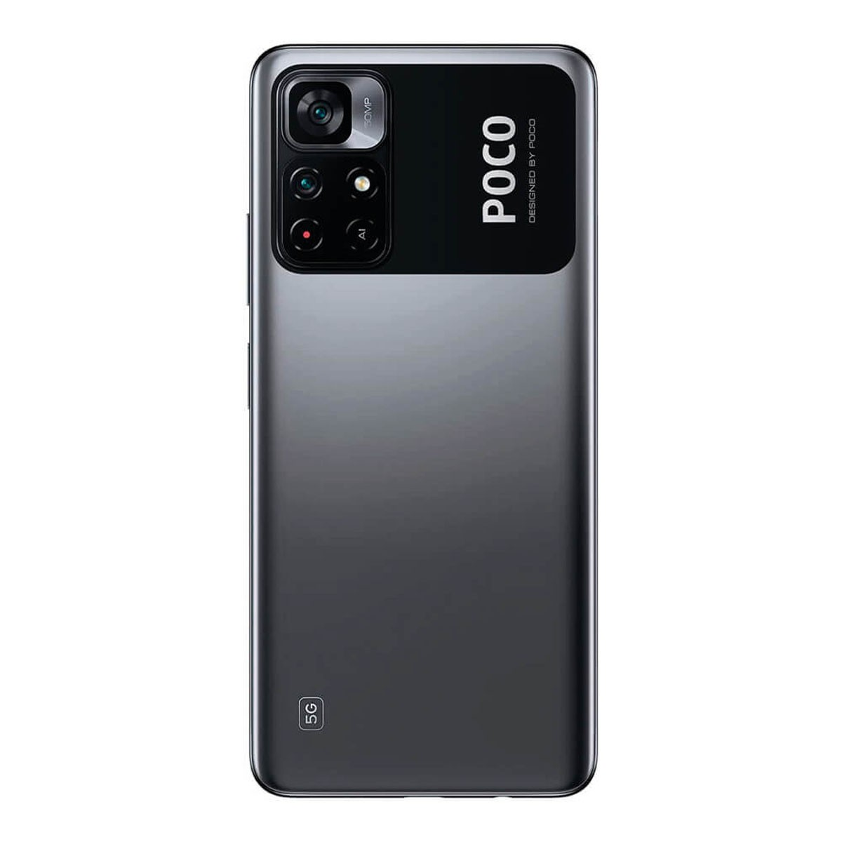 Parte trasera de un smartphone Poco negro con cuatro cámaras, gran módulo de cámara y logotipo de Poco.