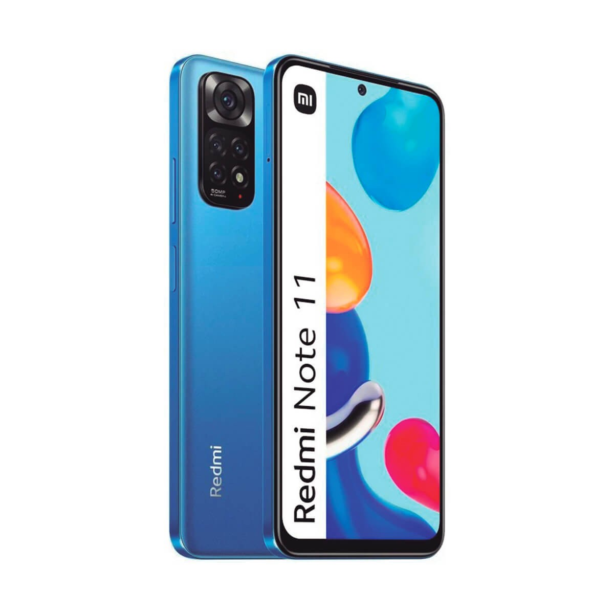 Zwei blaue Redmi Note 11 Smartphones mit Vorder- und Rückseite und buntem Hintergrund.