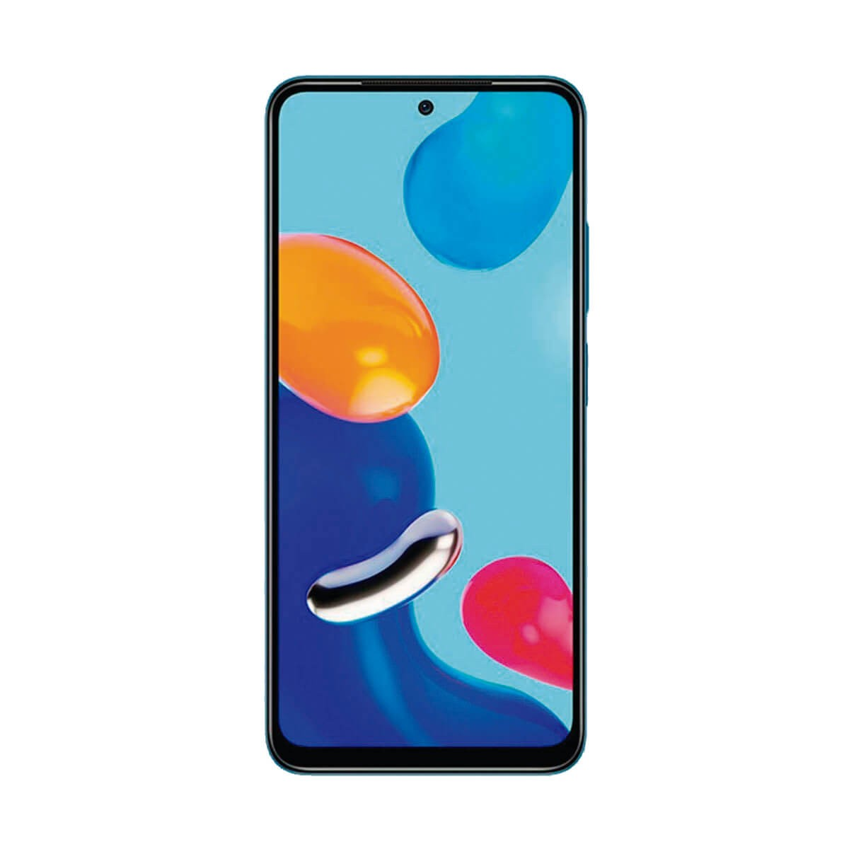 Ein Smartphone mit blauem Rand und einem bunten abstrakten Hintergrund auf dem Bildschirm.