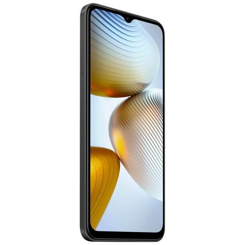 Un smartphone negro con esquinas redondeadas y un fondo de pantalla brillante y ondulado.