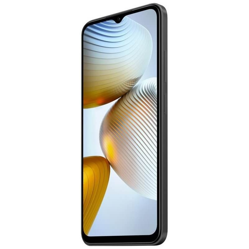 Un smartphone negro inclinado ligeramente a la derecha muestra un fondo de pantalla abstracto y colorido.
