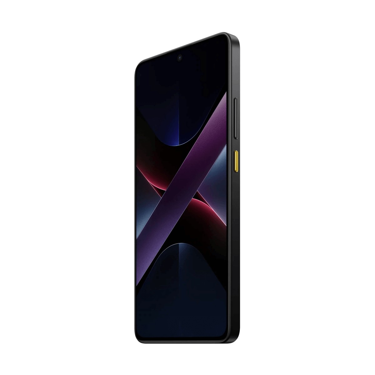 Uno smartphone nero con angoli arrotondati e uno sfondo astratto colorato sullo schermo.