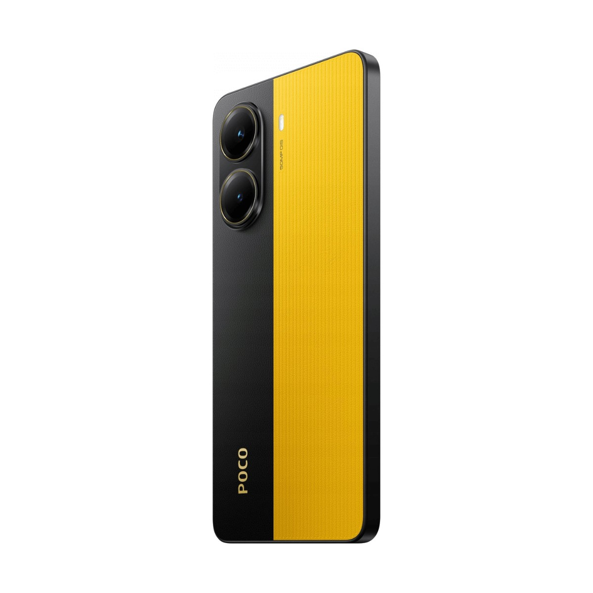 Retro di uno smartphone Poco giallo e nero con due fotocamere.