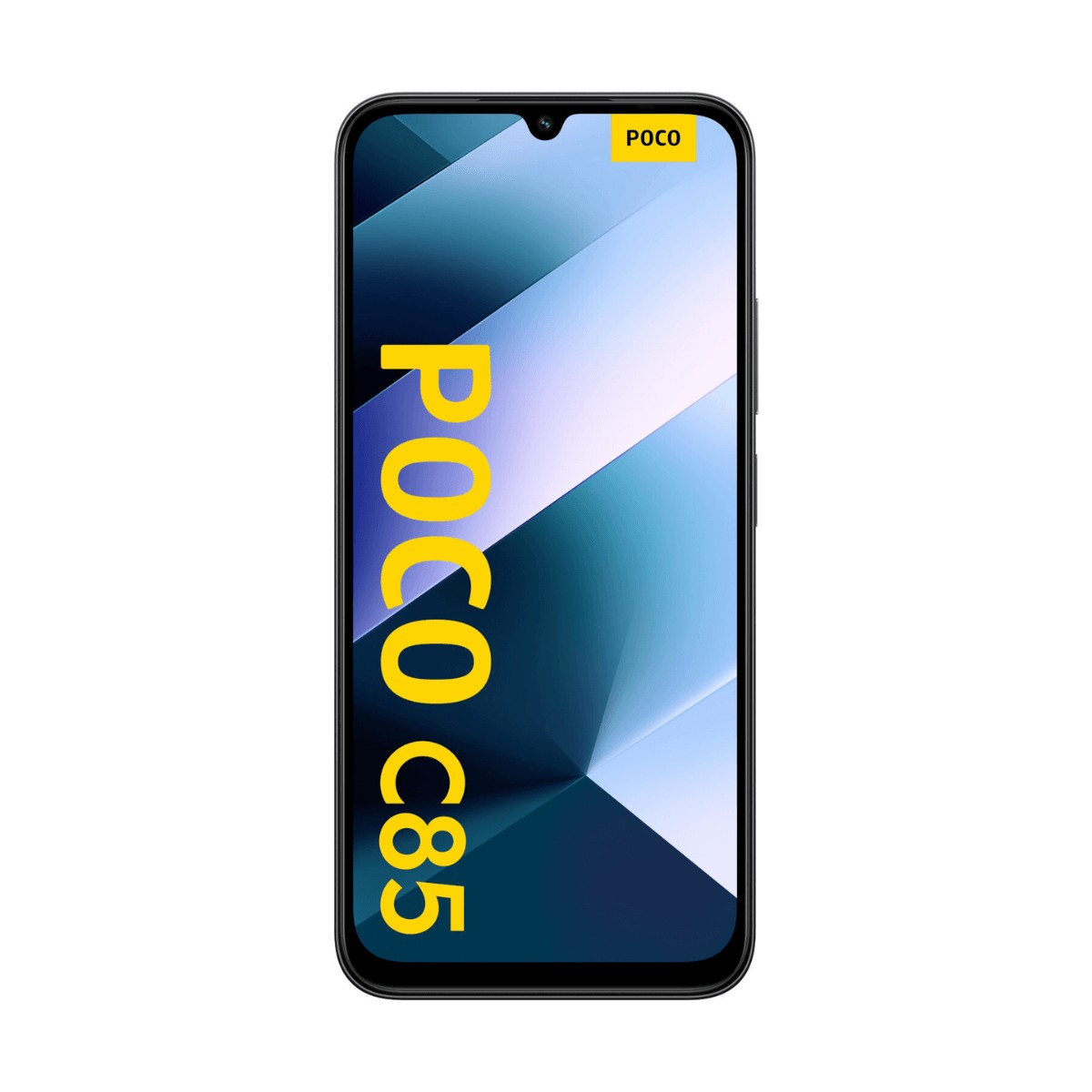 Uno smartphone POCO C85 nero con sfondo astratto blu e testo giallo POCO C85.