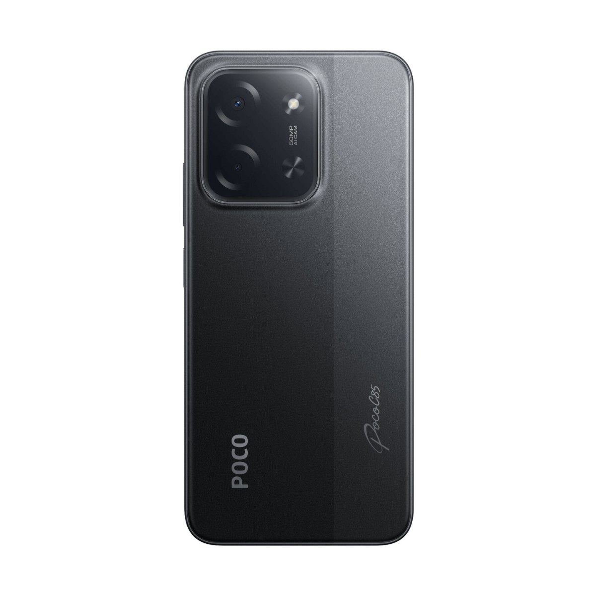 Retro di uno smartphone nero Poco C65 con doppia fotocamera e logo.