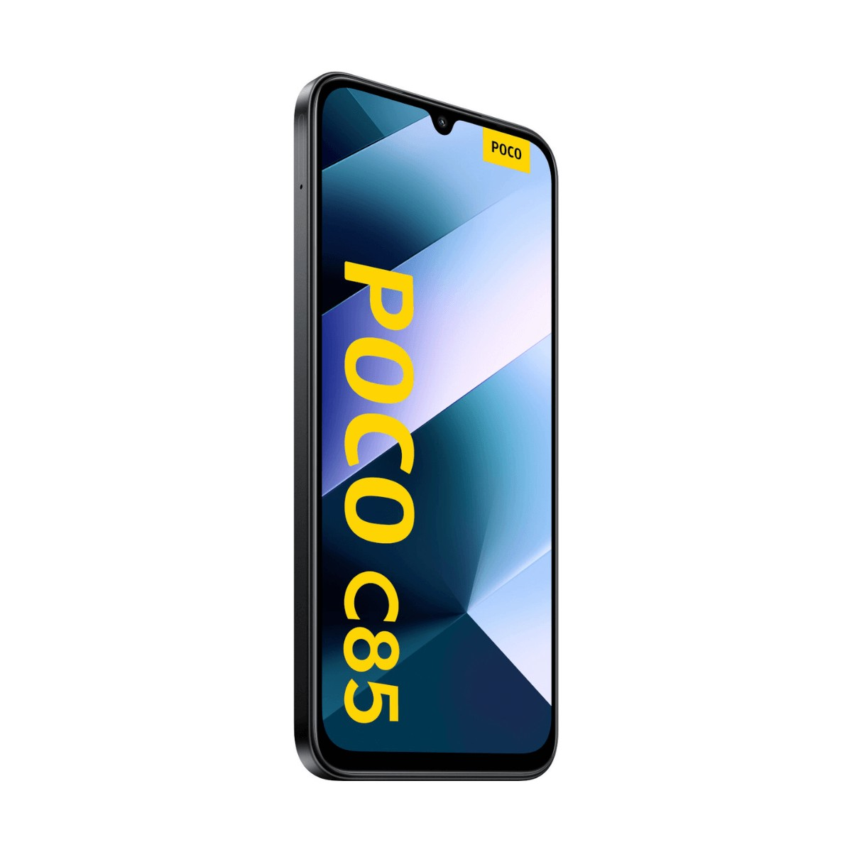 Uno smartphone nero POCO C85 con un logo giallo sullo schermo blu.