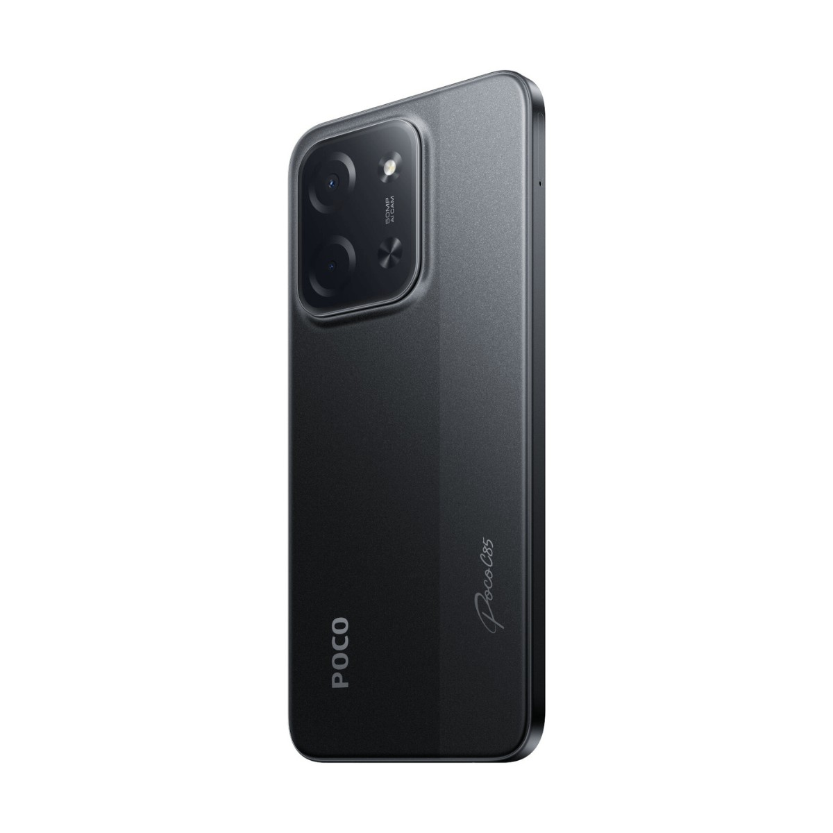 Retro di uno smartphone Poco C65 nero con sistema a doppia fotocamera e logo bianco.