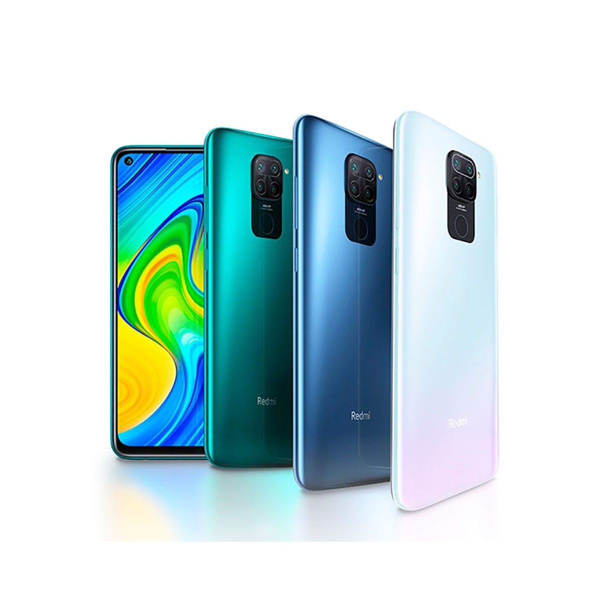 Quattro smartphone Redmi allineati: uno mostra lo schermo colorato, tre mostrano il retro in verde, blu e bianco.
