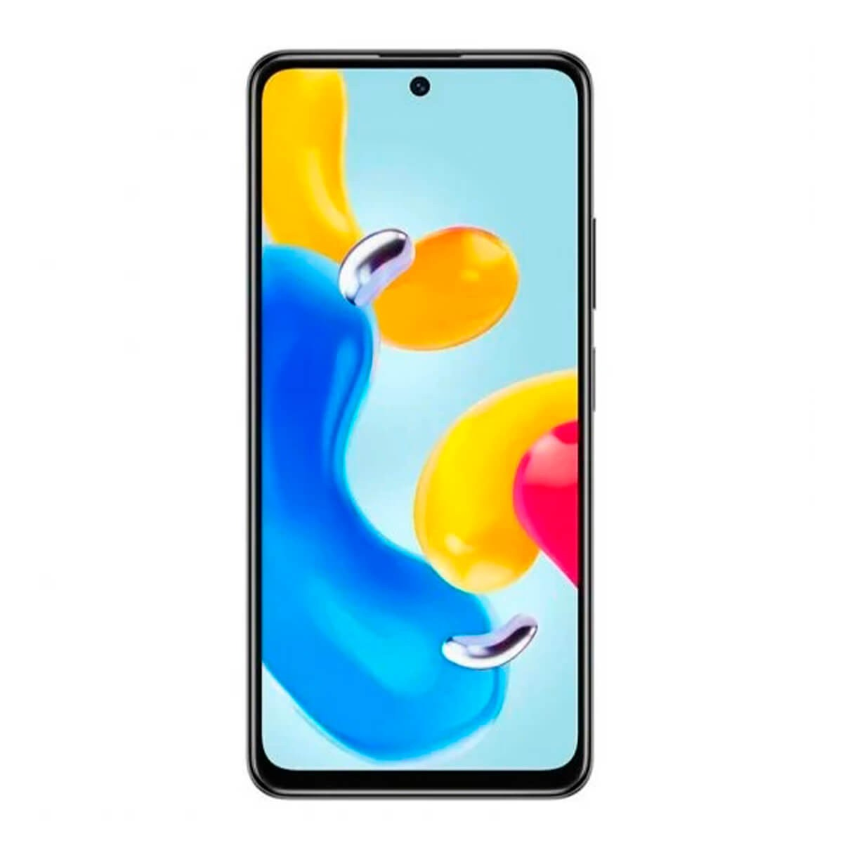 Uno smartphone con cornice nera mostra forme astratte colorate su sfondo chiaro.