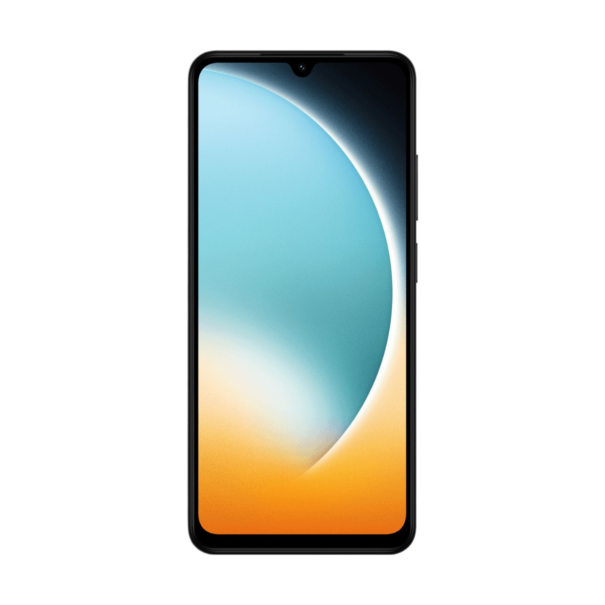 Czarny smartfon wyświetlający na ekranie niebiesko-pomarańczową tapetę z gradientem.