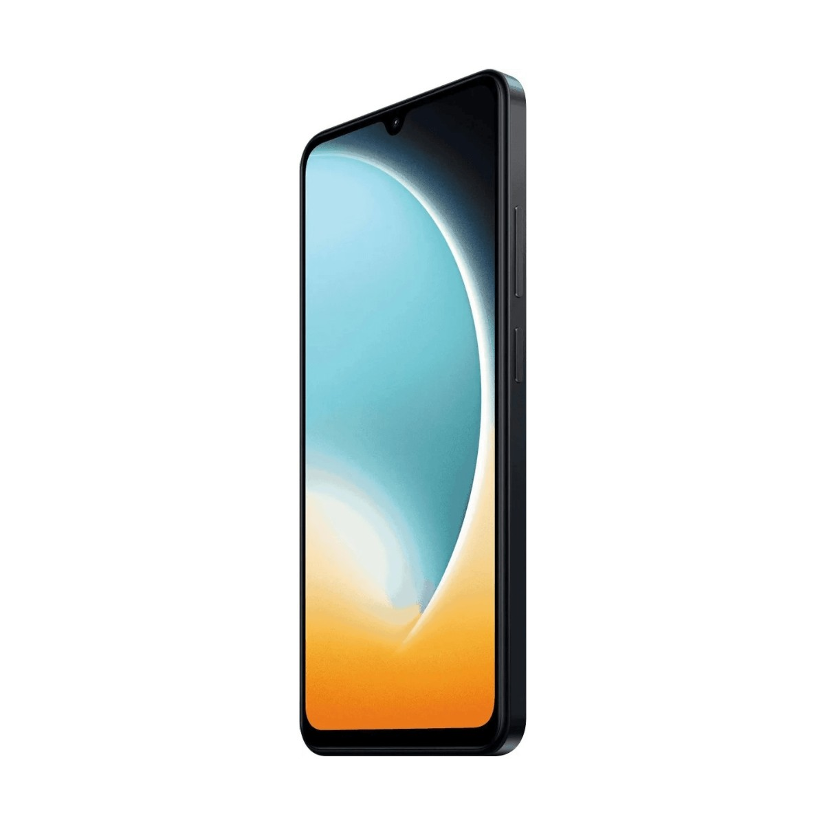 Czarny smartfon z zaokrąglonymi rogami i kolorową abstrakcyjną grafiką na ekranie.