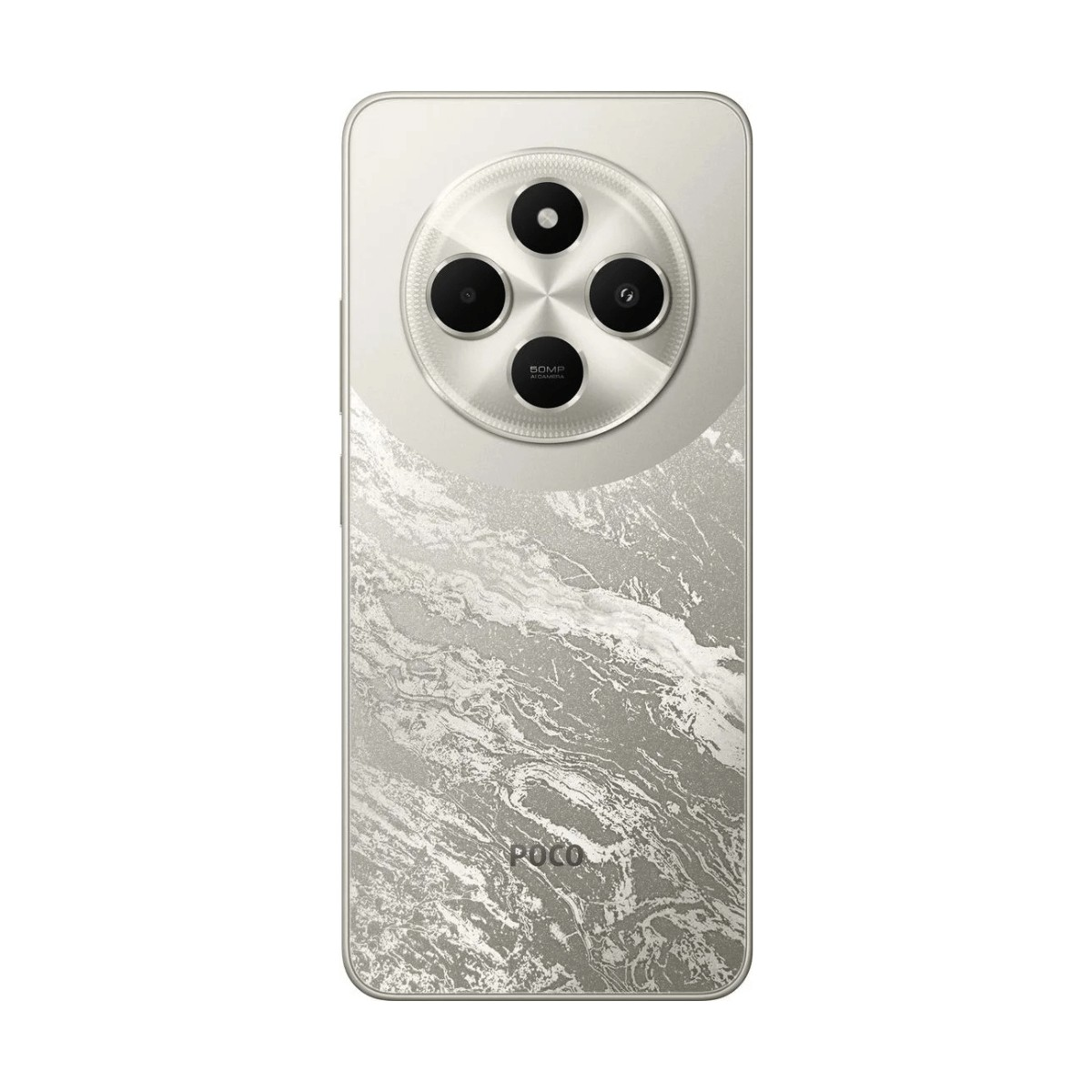 Retro di uno smartphone argento con motivo in marmo e fotocamera rotonda.