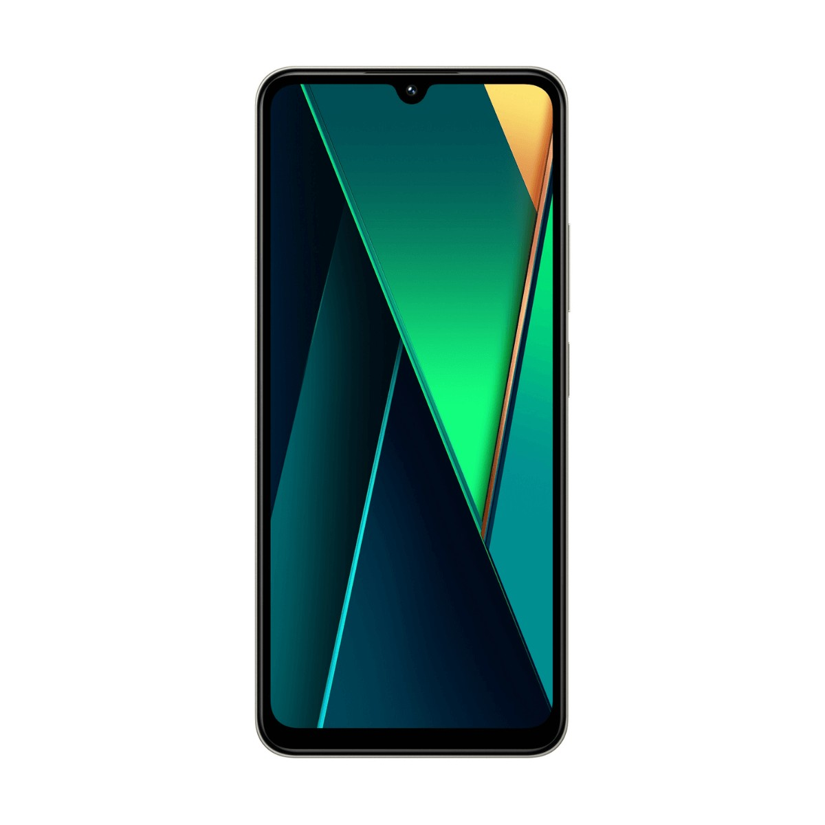 Smartphone nero con schermo decorato da linee geometriche verdi e blu.