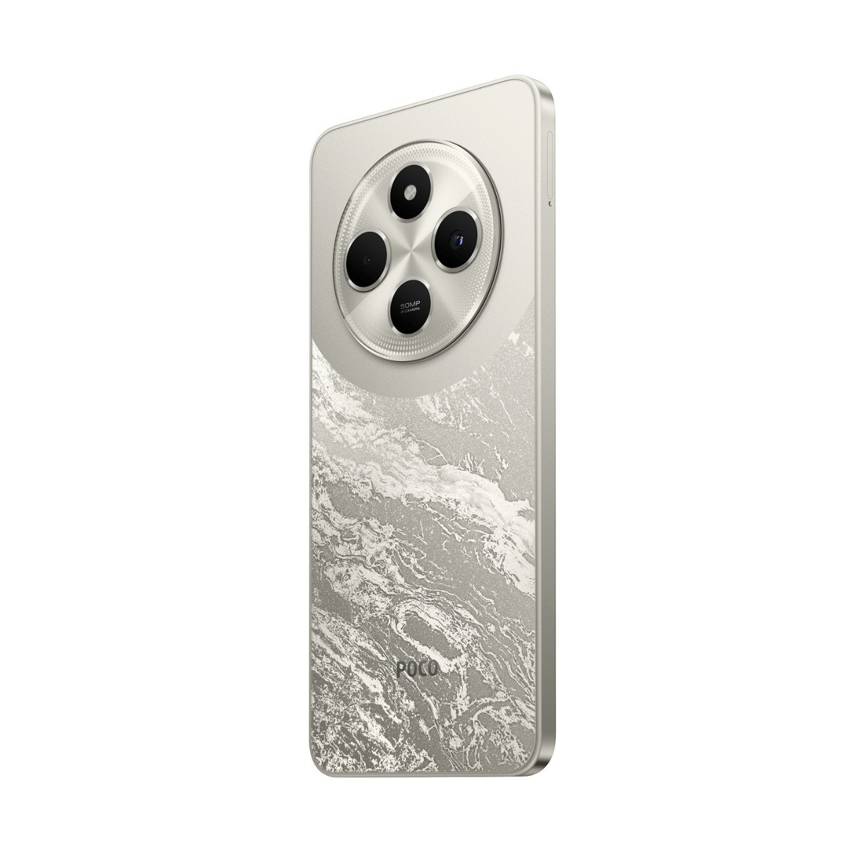 Retro di uno smartphone beige con modulo fotocamera rotondo e motivo in marmo bianco e argento, con marchio POCO.