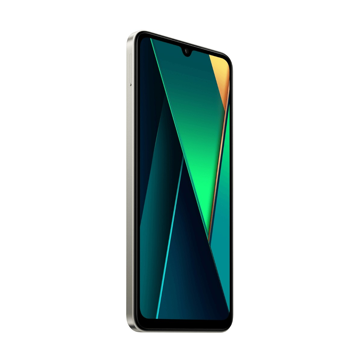 Uno smartphone inclinato a sinistra mostra uno sfondo geometrico astratto verde e giallo.
