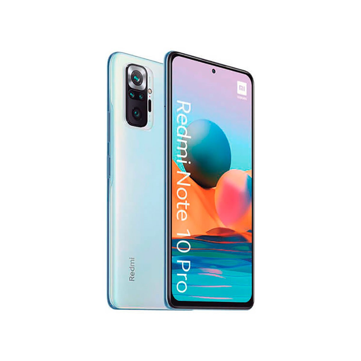 Vista frontal y trasera de un teléfono Xiaomi Redmi Note 10 Pro azul claro sobre fondo blanco.