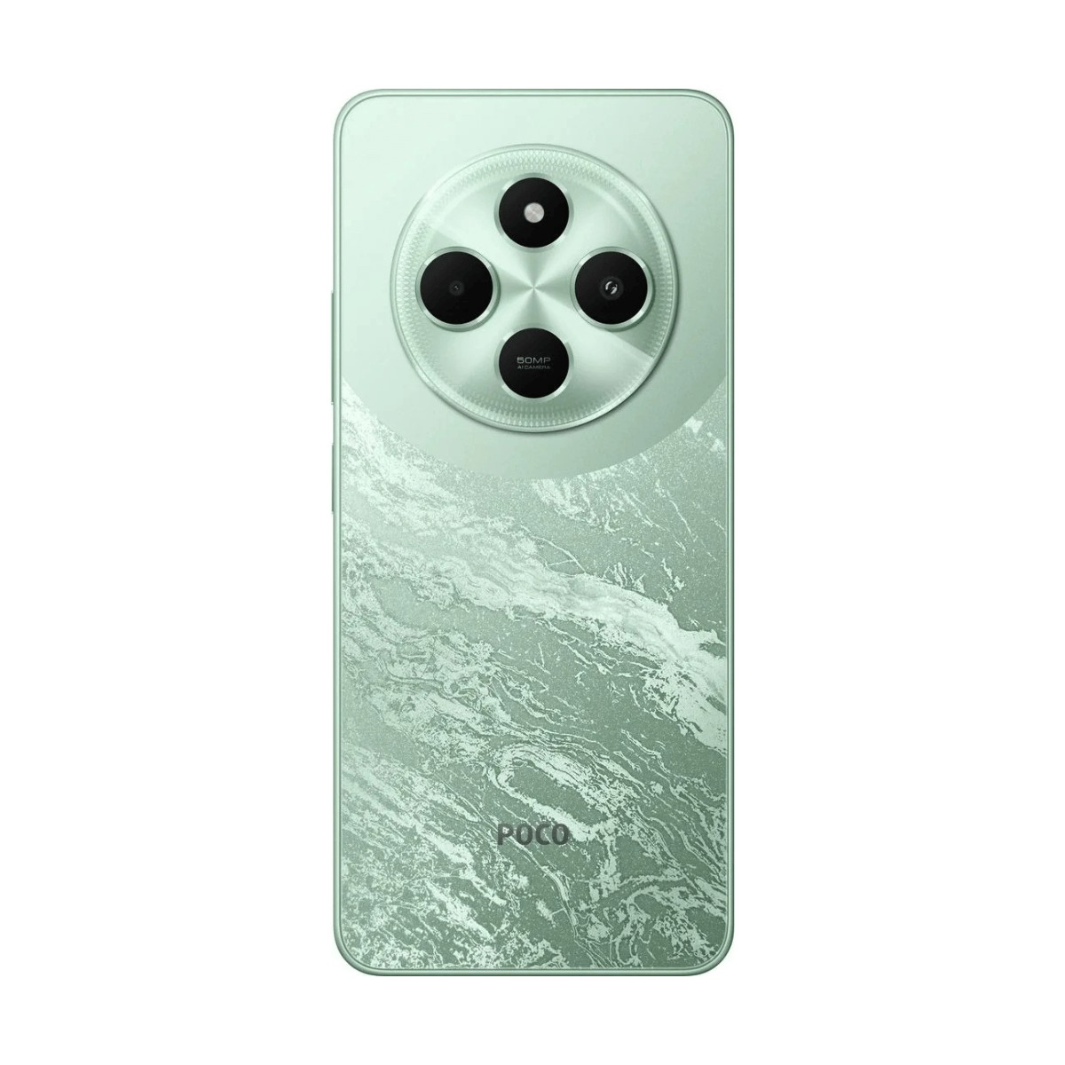 Retro di uno smartphone verde, con modulo fotocamera circolare e motivo marmorizzato nella parte inferiore.