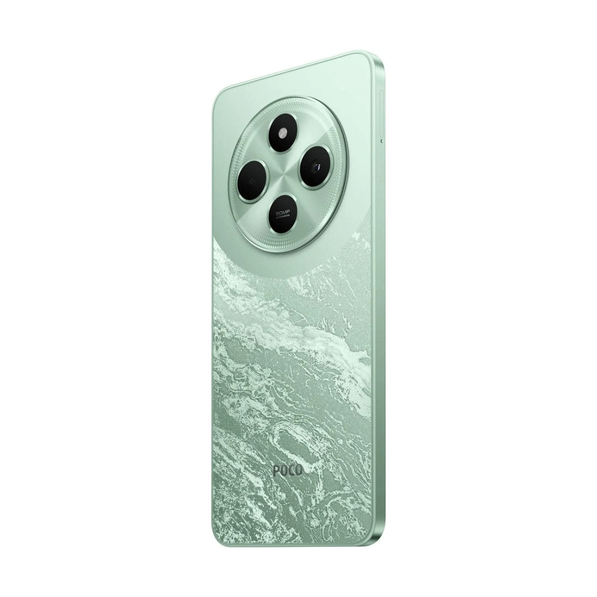 Smartphone verde POCO con modulo fotocamera circolare e retro in marmo.